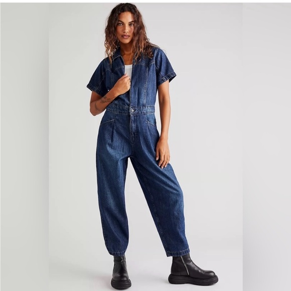 Free People Denim - Free People Dark Blue Denim Overalls